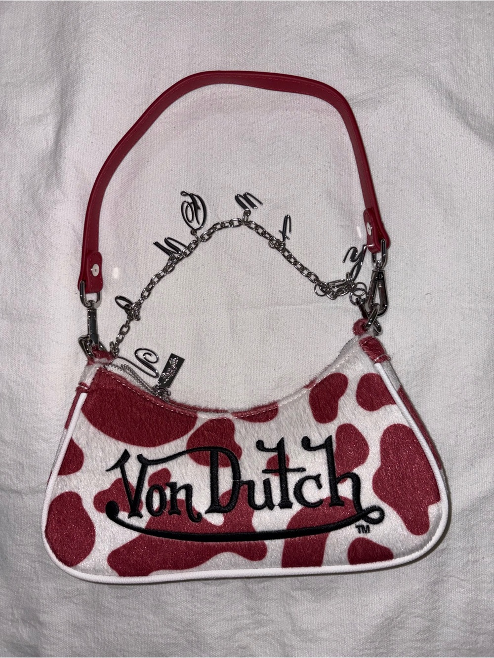 Von Dutch Red and White Cowprint Mini Shoulder Bag with Chain Detail